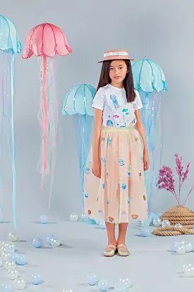 Underwater T-shirt Crystal Embellished | Ecru Tulle Jellyfish Embroidered Skirt