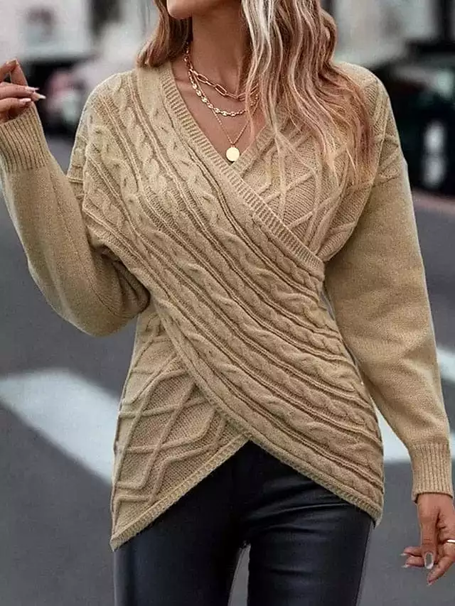 V-Neck Crochet Knit Pullover Sweater in Khaki - Stylish and Trendy