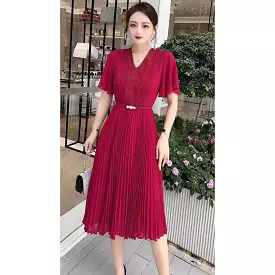 V-neck pleated short sleeve dress