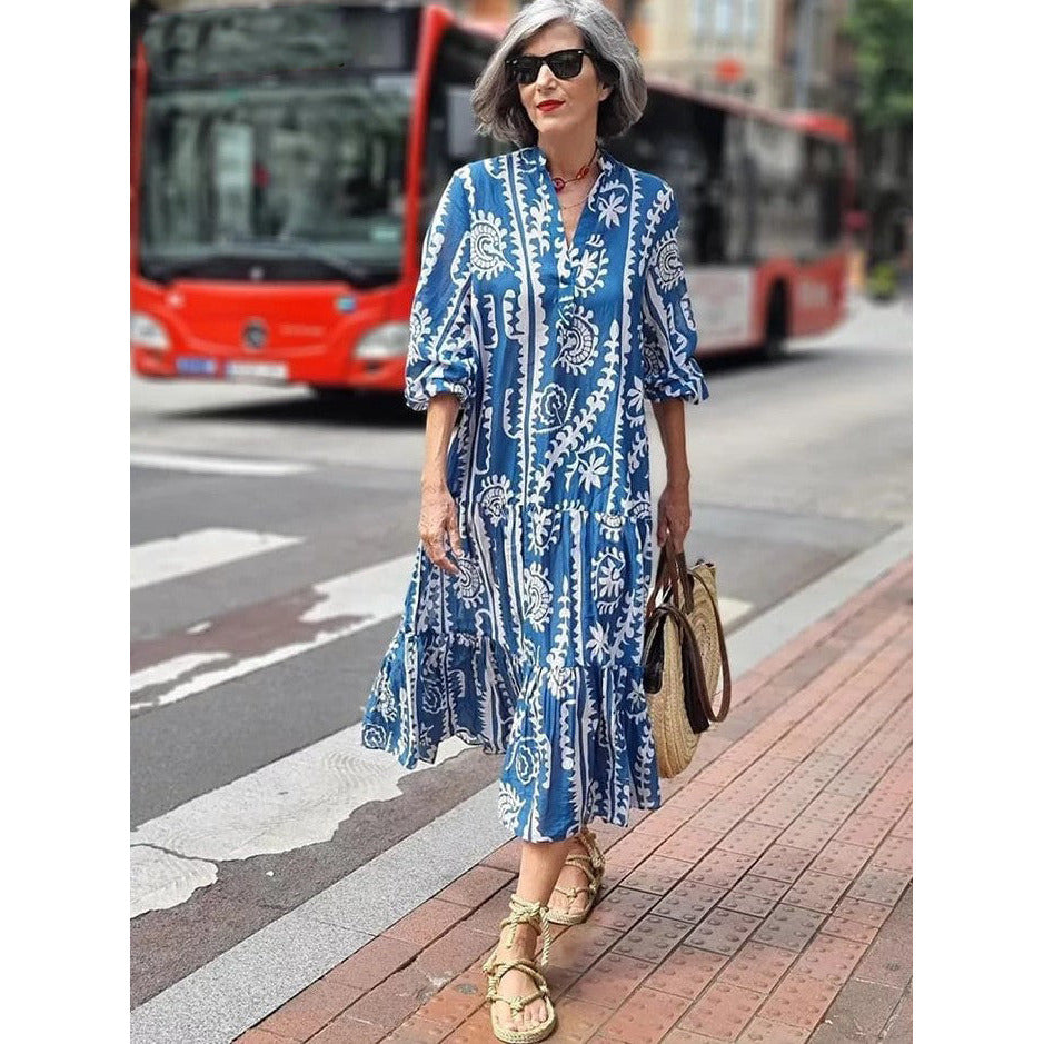 V-Neck Printed Long Dress