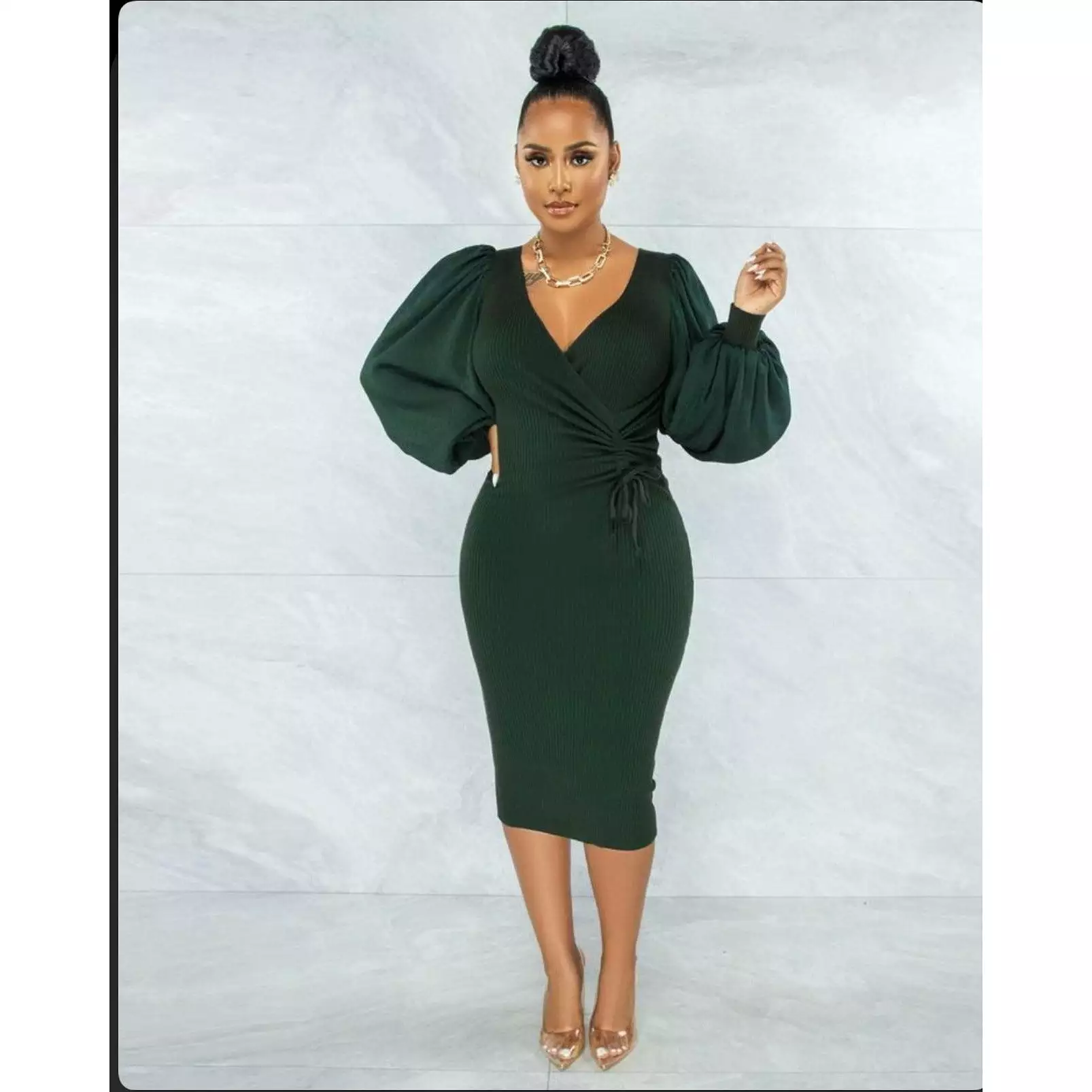 V-Neck Puff Sleeve Fitted Dress