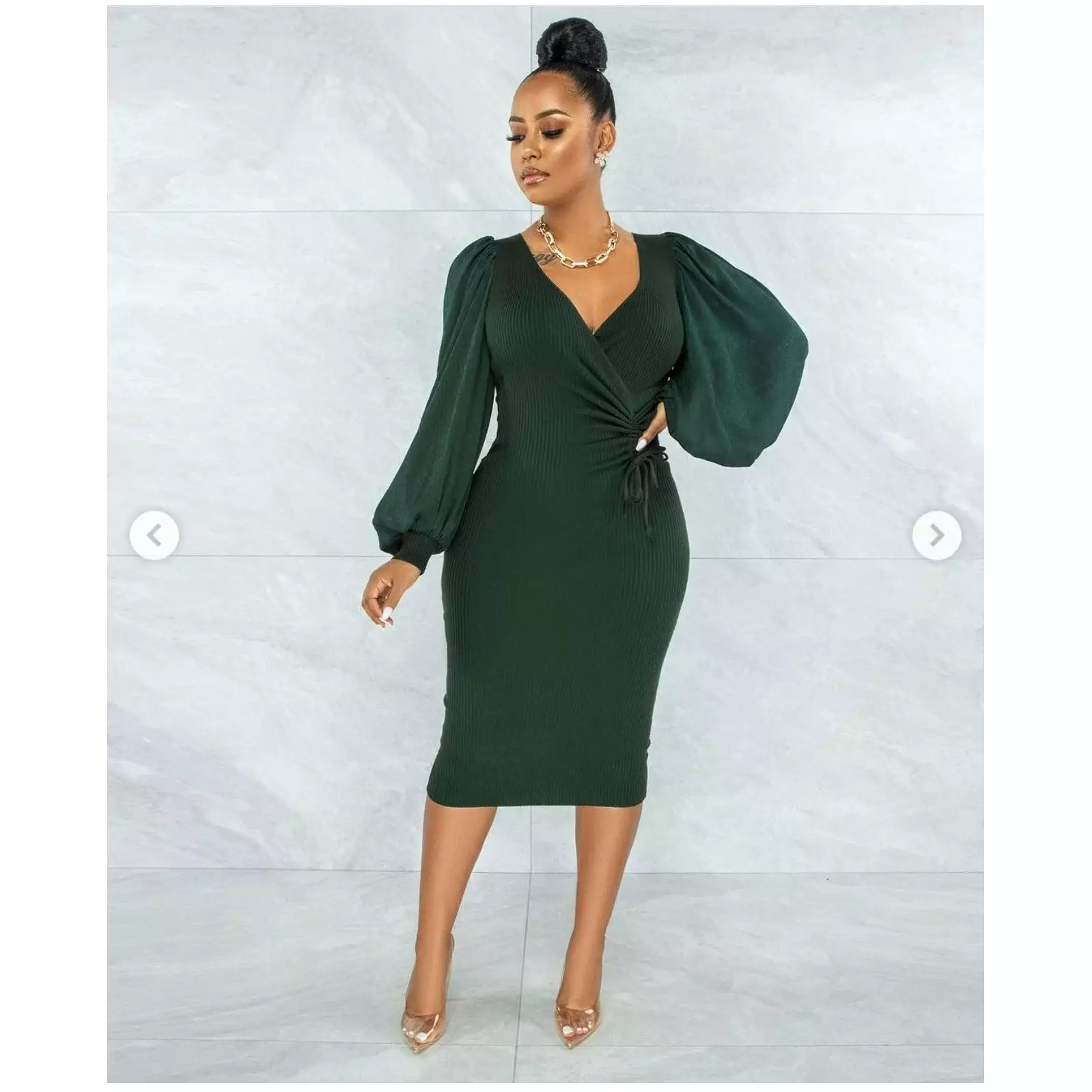 V-Neck Puff Sleeve Fitted Dress