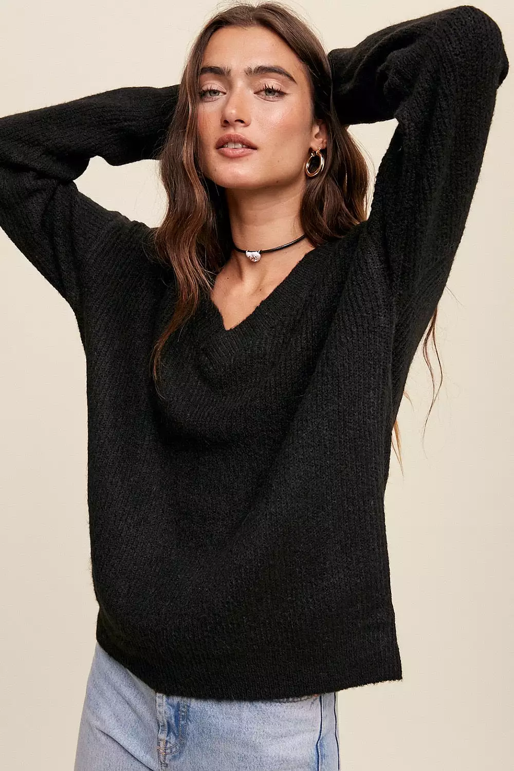 V-neck Ribbed Knit Sweater - Black