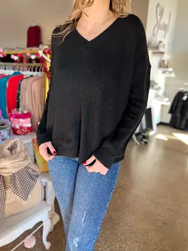 V-neck Ribbed Knit Sweater - Black