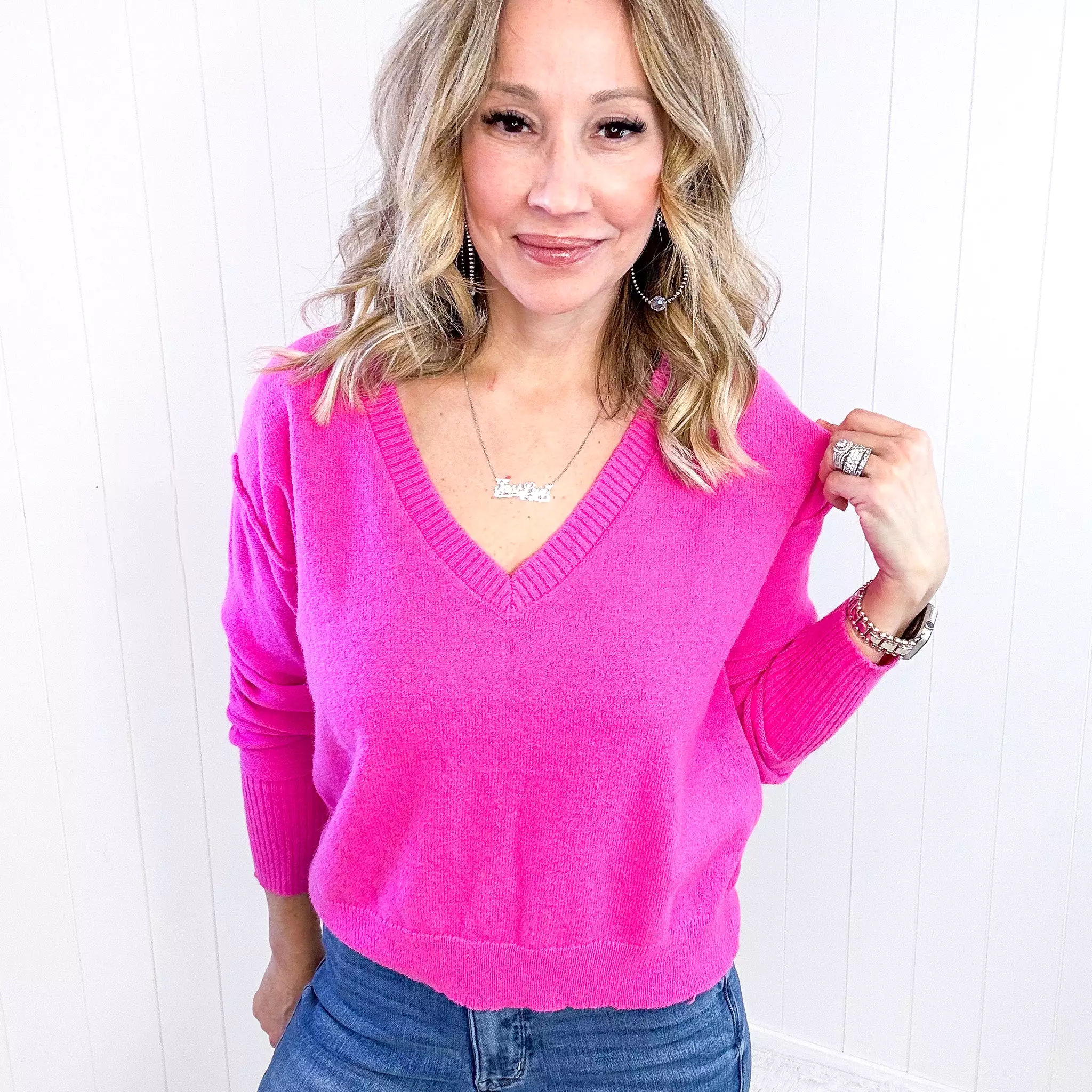 V-Neck Sweater in Hot Pink Color