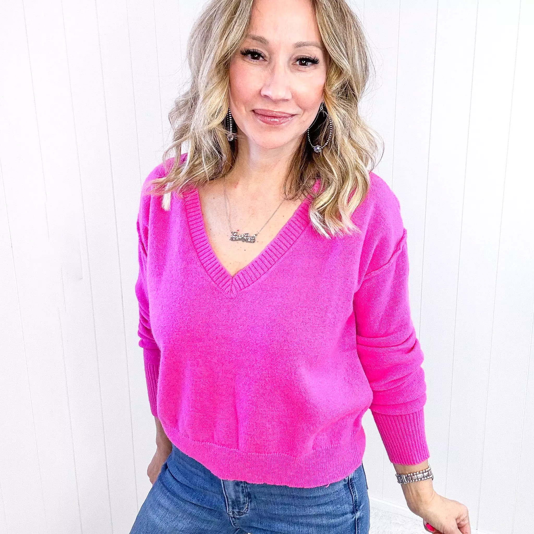 V-Neck Sweater in Hot Pink Color