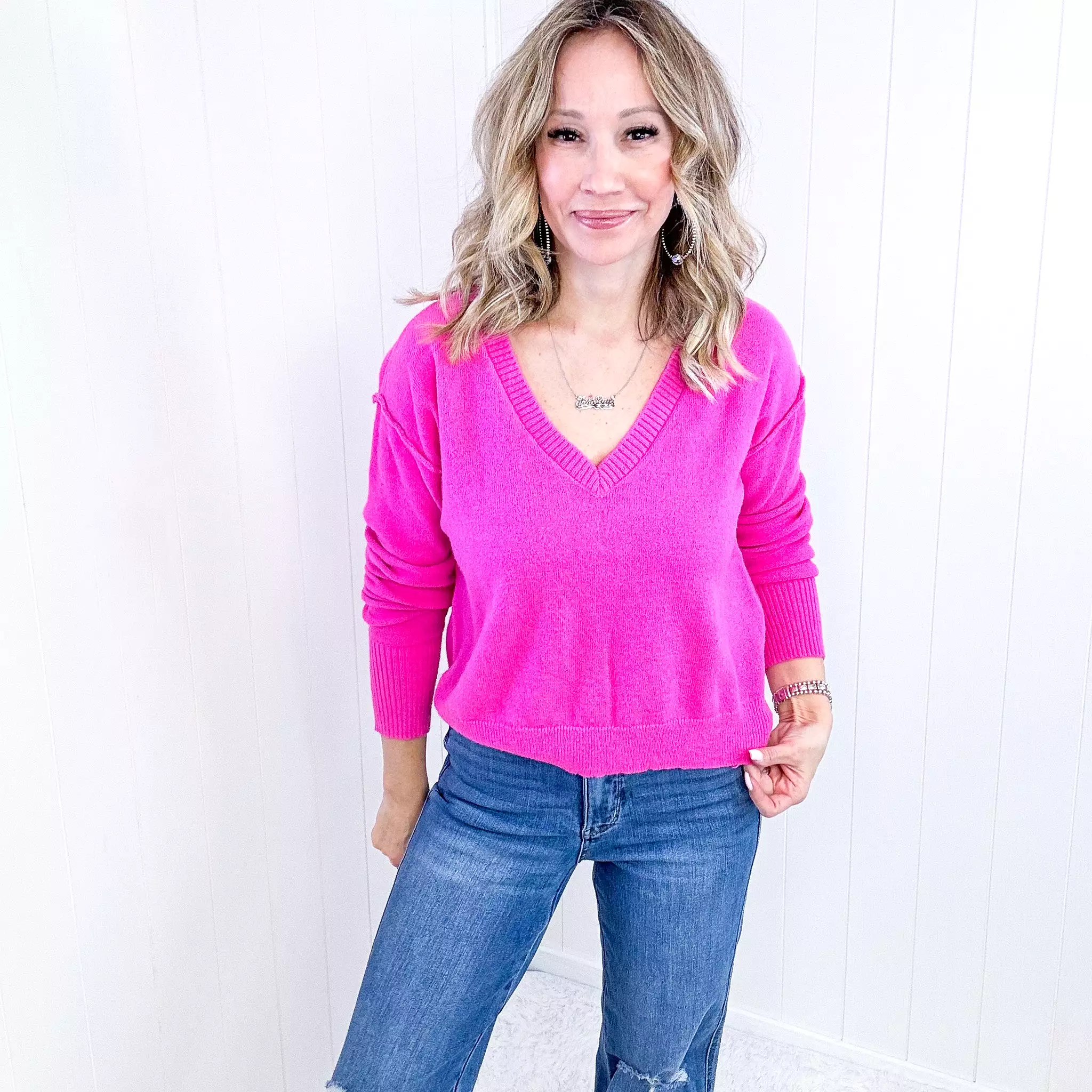 V-Neck Sweater in Hot Pink Color