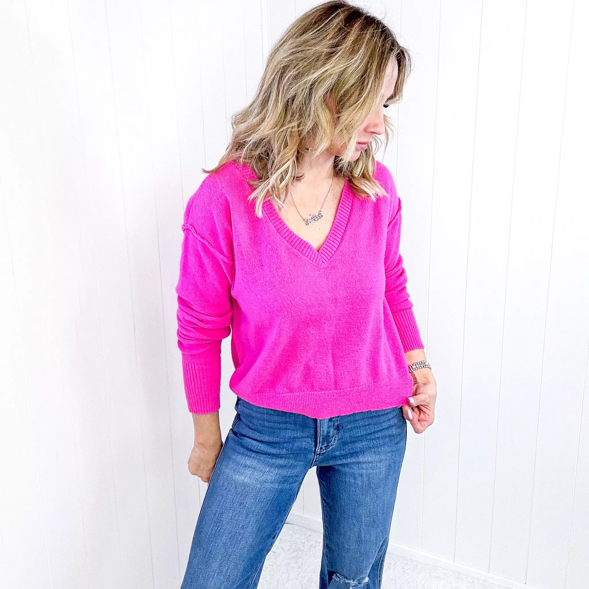 V-Neck Sweater in Hot Pink Color