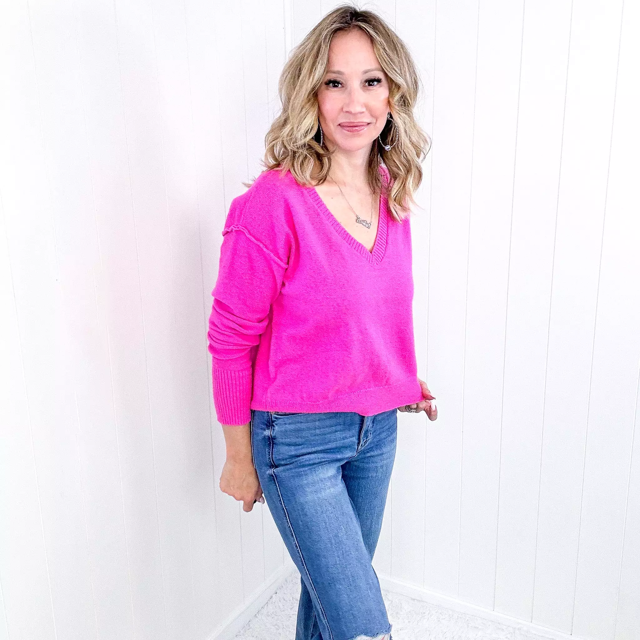 V-Neck Sweater in Hot Pink Color