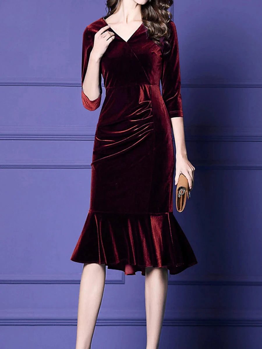 Velvet Plus Size Midi Dress for Winter and Valentine's Day - V-neck