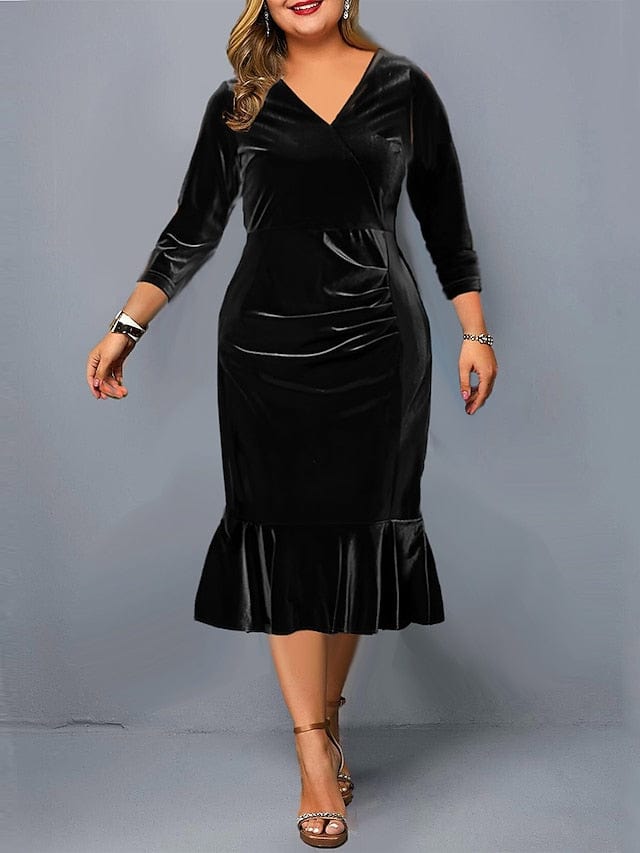 Velvet Plus Size Midi Dress for Winter and Valentine's Day - V-neck