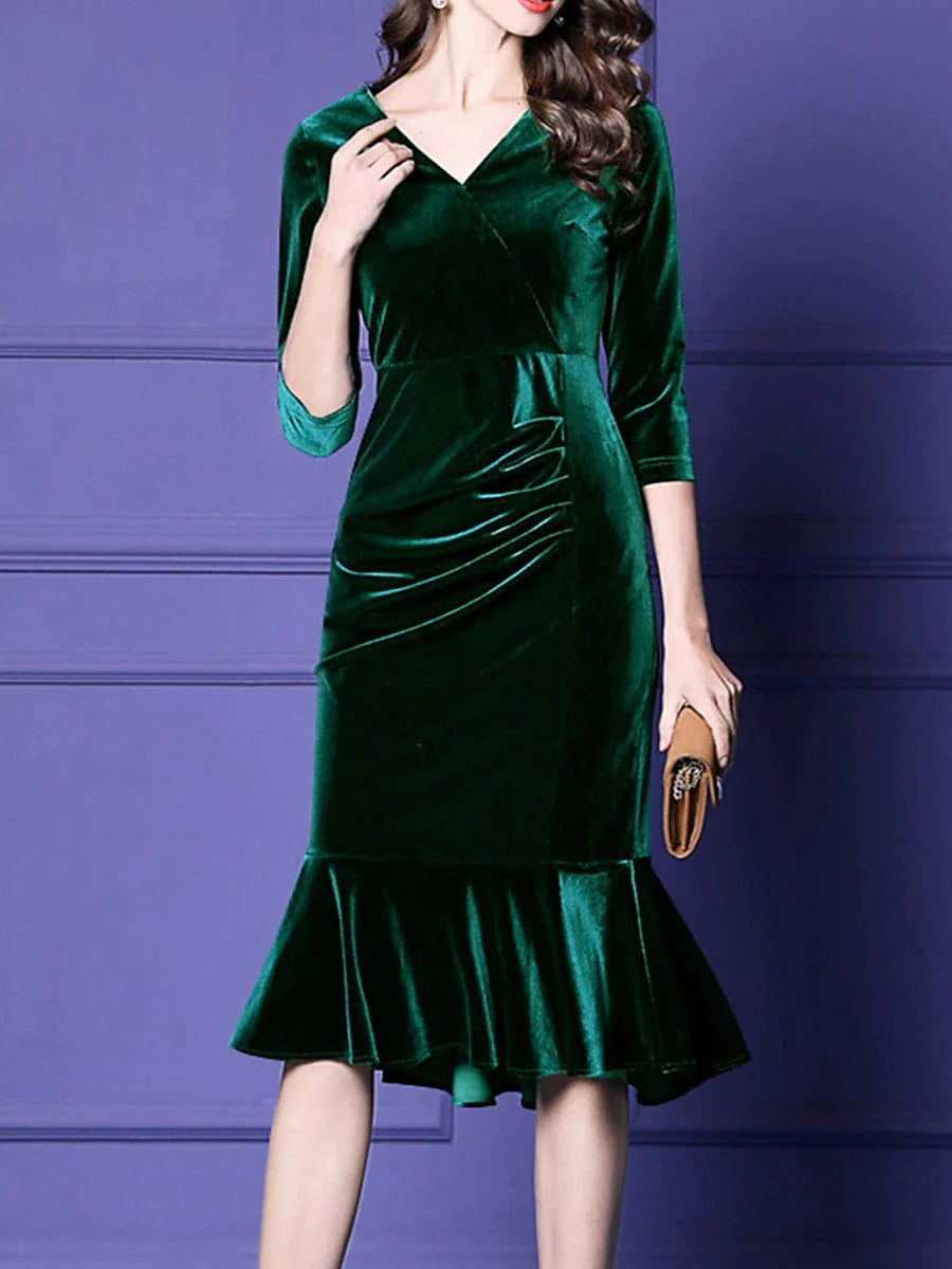 Velvet Plus Size Midi Dress for Winter and Valentine's Day - V-neck