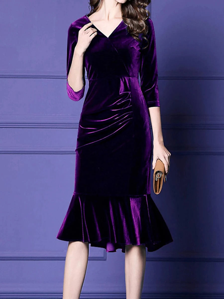 Velvet Plus Size Midi Dress for Winter and Valentine's Day - V-neck