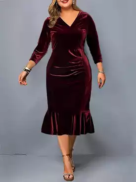 Velvet Plus Size Midi Dress for Winter and Valentine's Day - V-neck