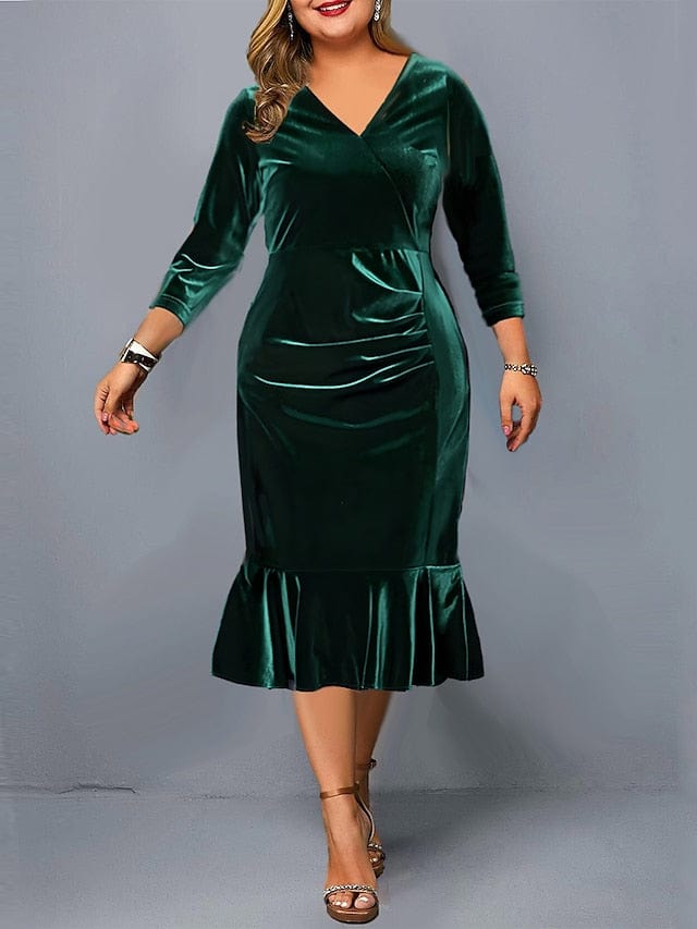 Velvet Plus Size Midi Dress for Winter and Valentine's Day - V-neck