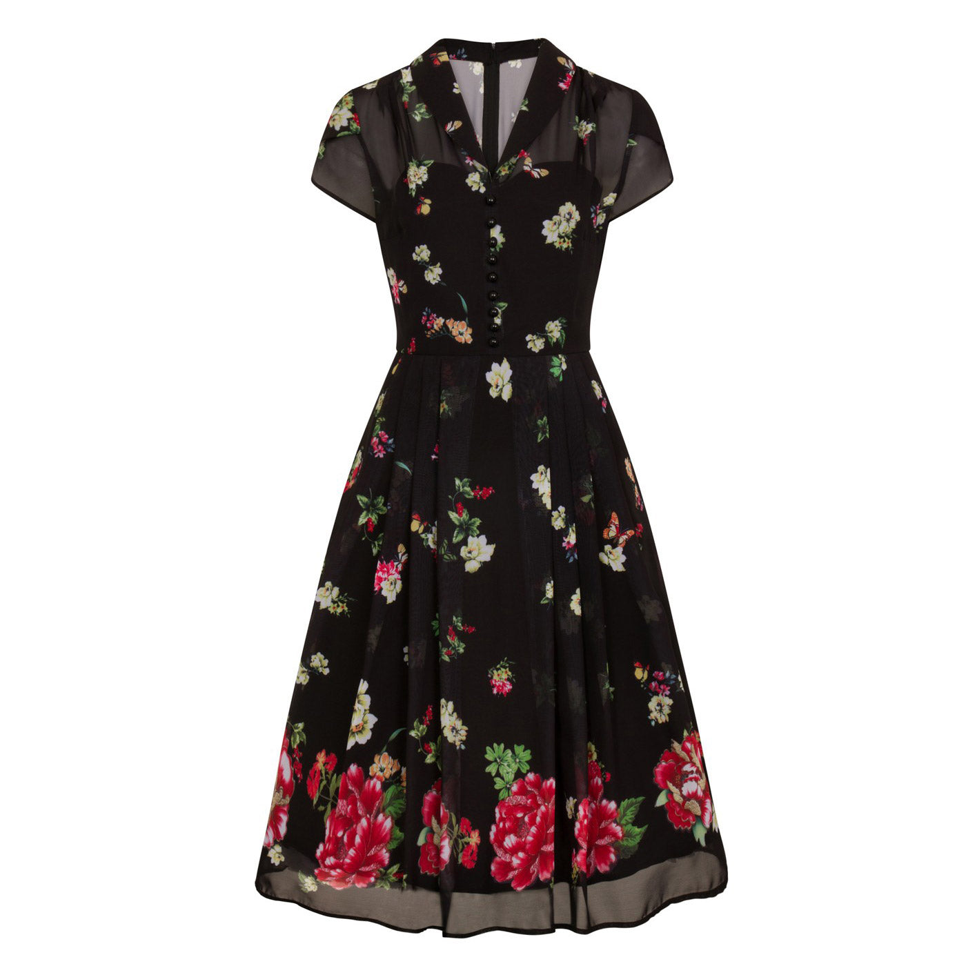 Vintage 1940s Tea Dress with Chiffon Overlay - Black Floral and Butterfly Print