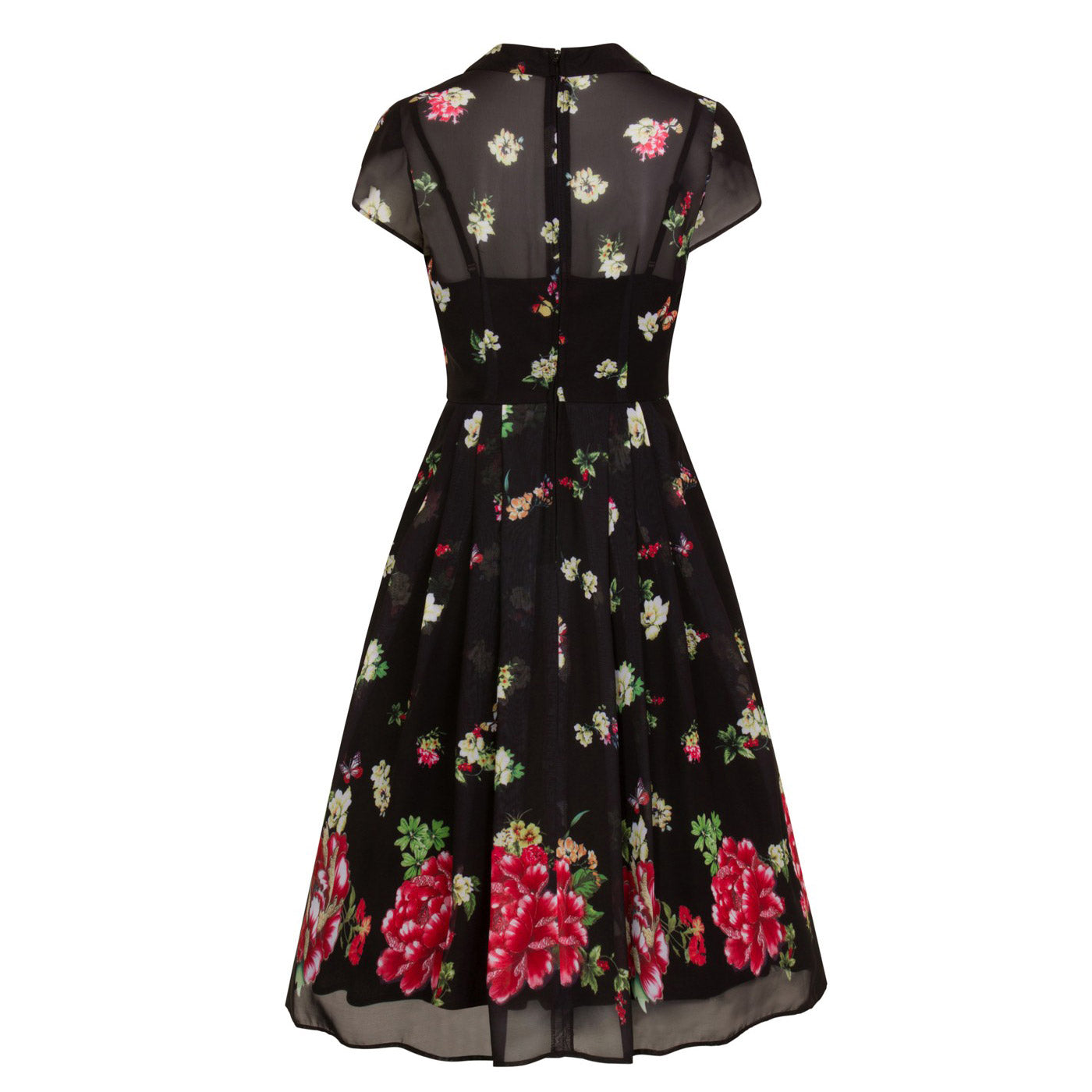 Vintage 1940s Tea Dress with Chiffon Overlay - Black Floral and Butterfly Print