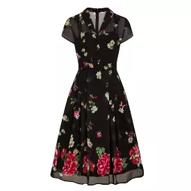 Vintage 1940s Tea Dress with Chiffon Overlay - Black Floral and Butterfly Print