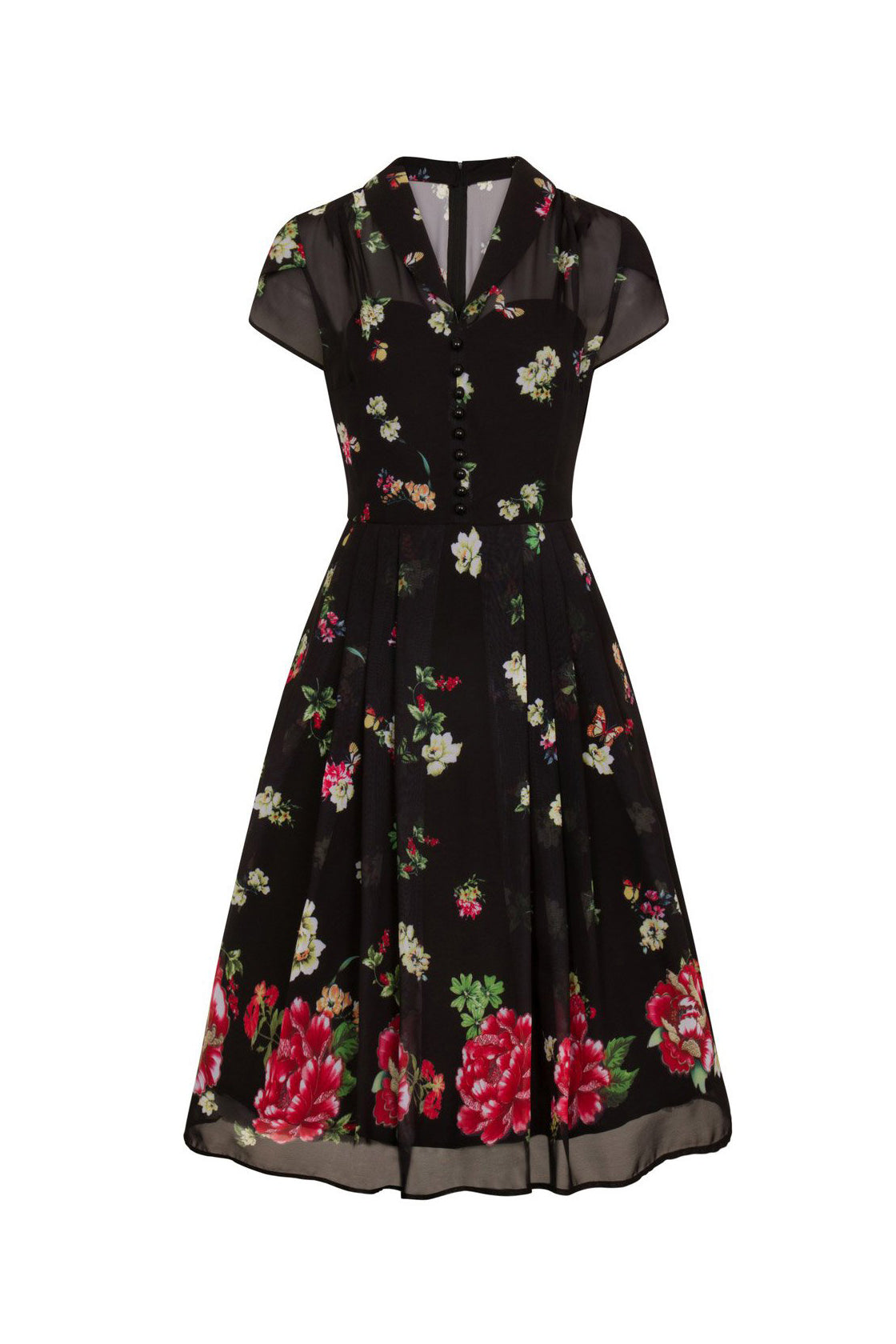 Vintage 1940s Tea Dress with Chiffon Overlay - Black Floral and Butterfly Print