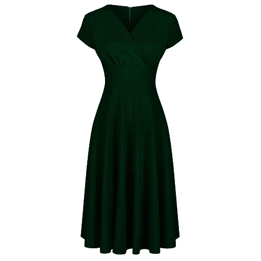 Vintage Forest Green A-line Tea Dress with Crossover Design and Cap Sleeves