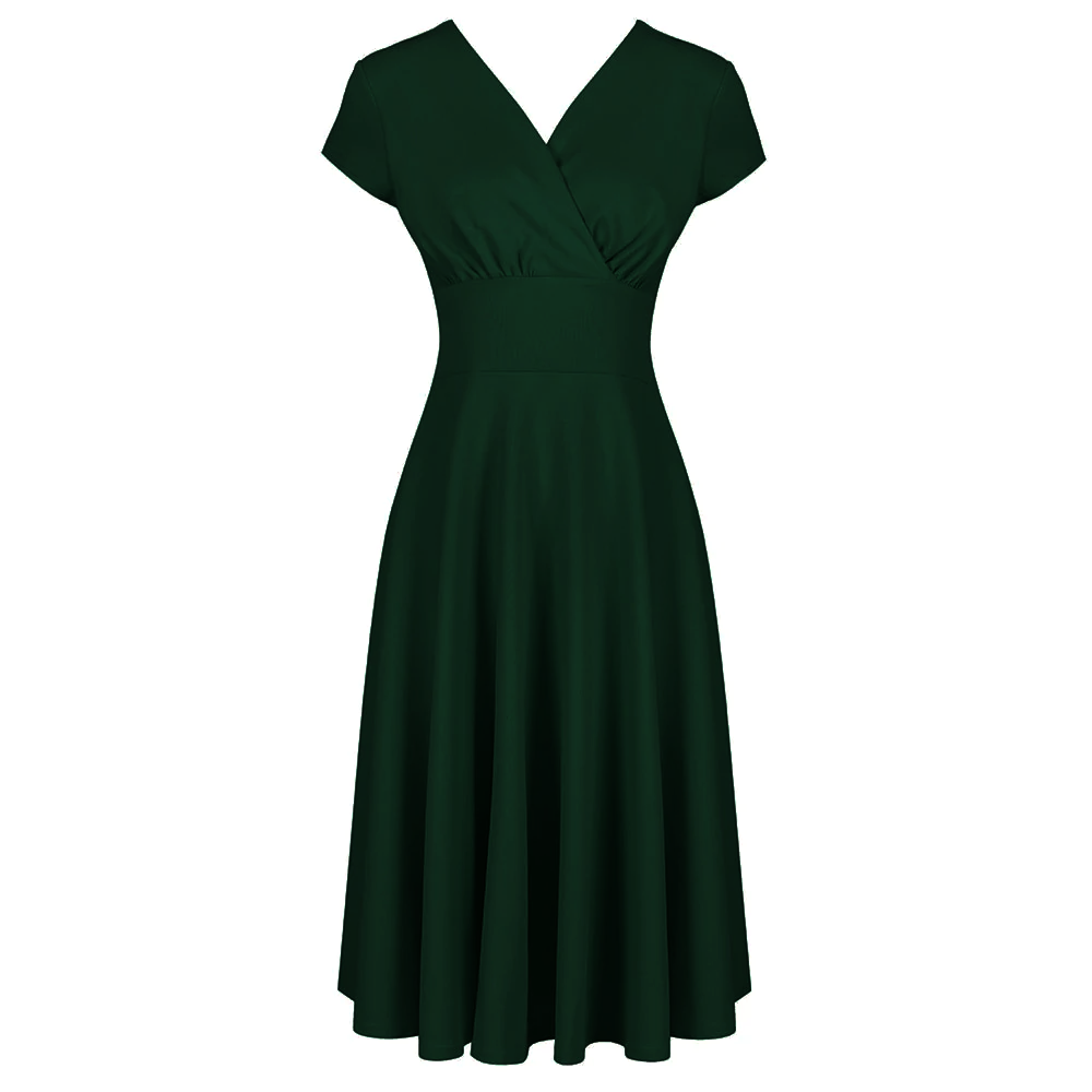 Vintage Forest Green A-line Tea Dress with Crossover Design and Cap Sleeves