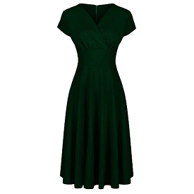 Vintage Forest Green A-line Tea Dress with Crossover Design and Cap Sleeves