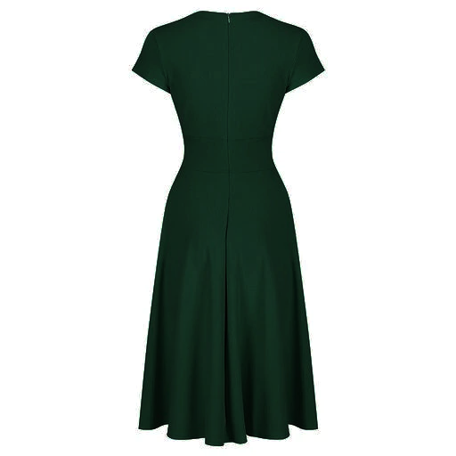 Vintage Forest Green A-line Tea Dress with Crossover Design and Cap Sleeves