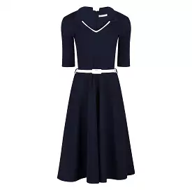 Vintage Navy Blue Swing Dress with Nautical Collar, 1/2 Sleeves, and Midi Length