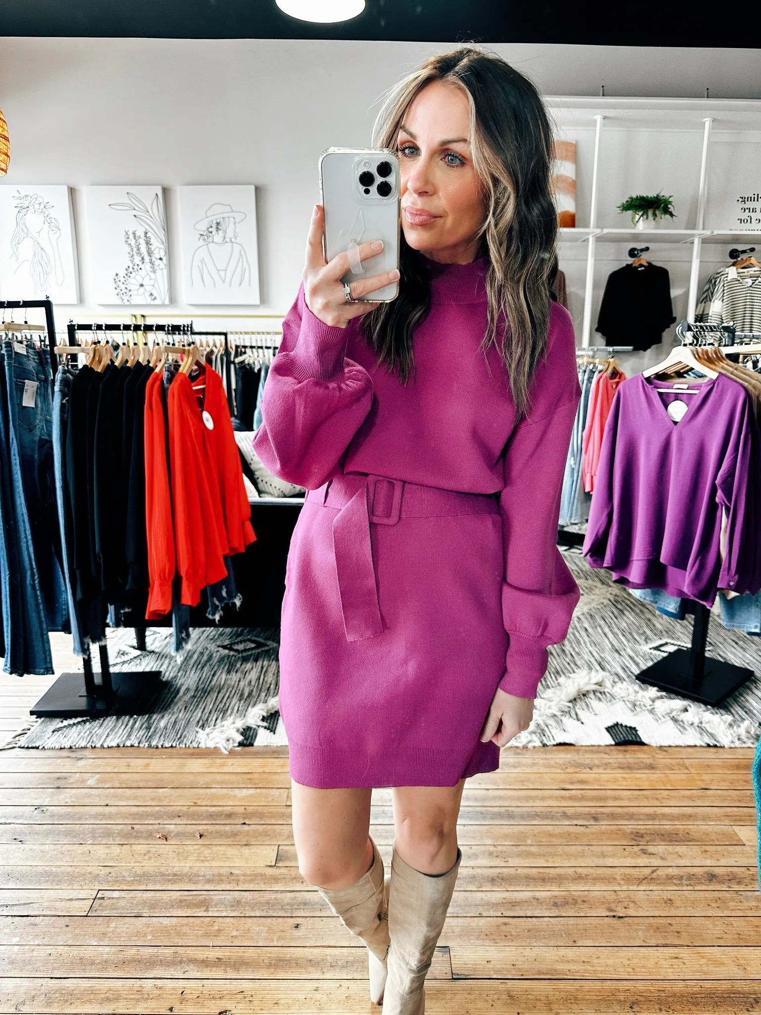 Purple Belted Sweater Dress