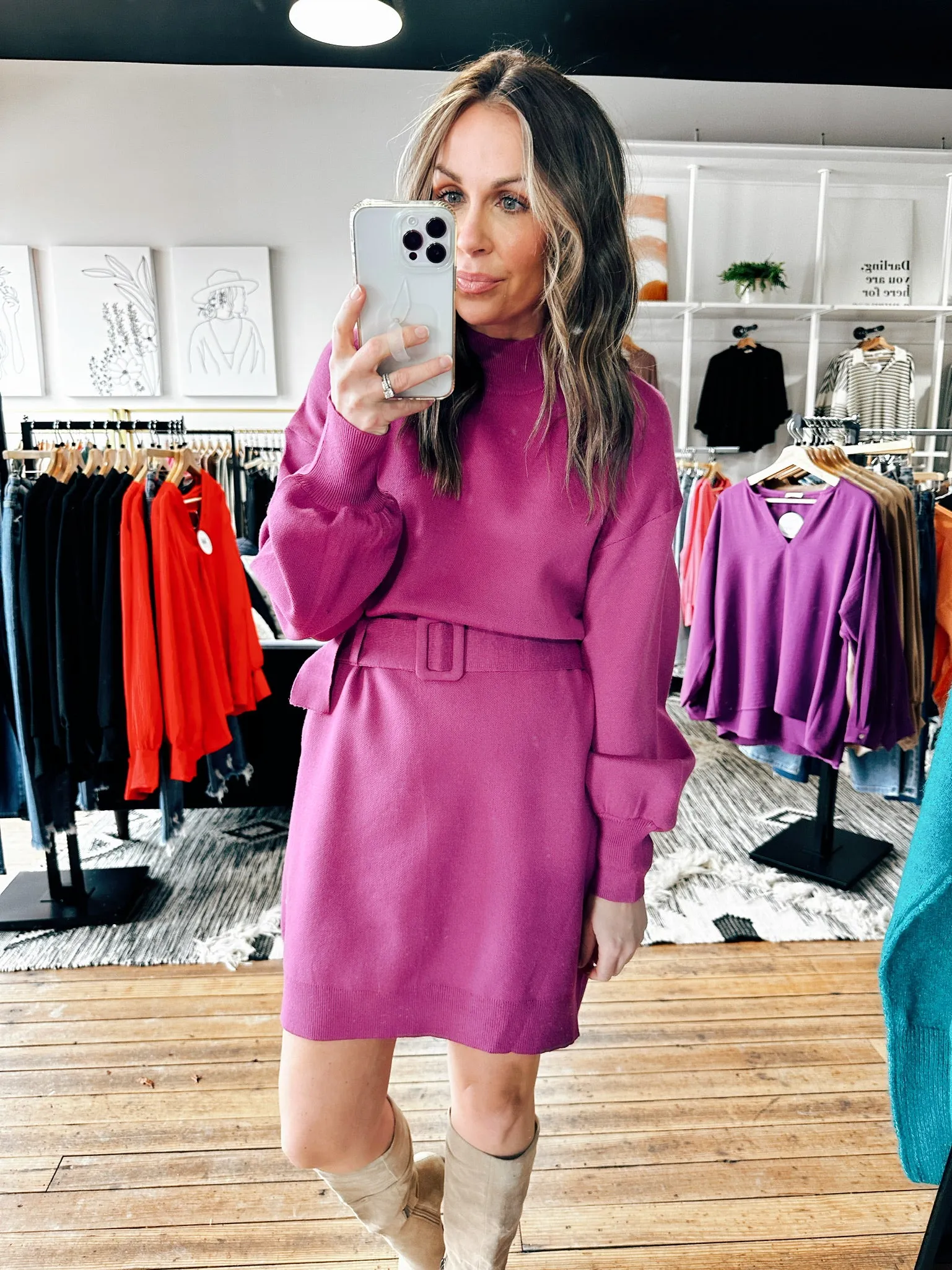 Purple Belted Sweater Dress