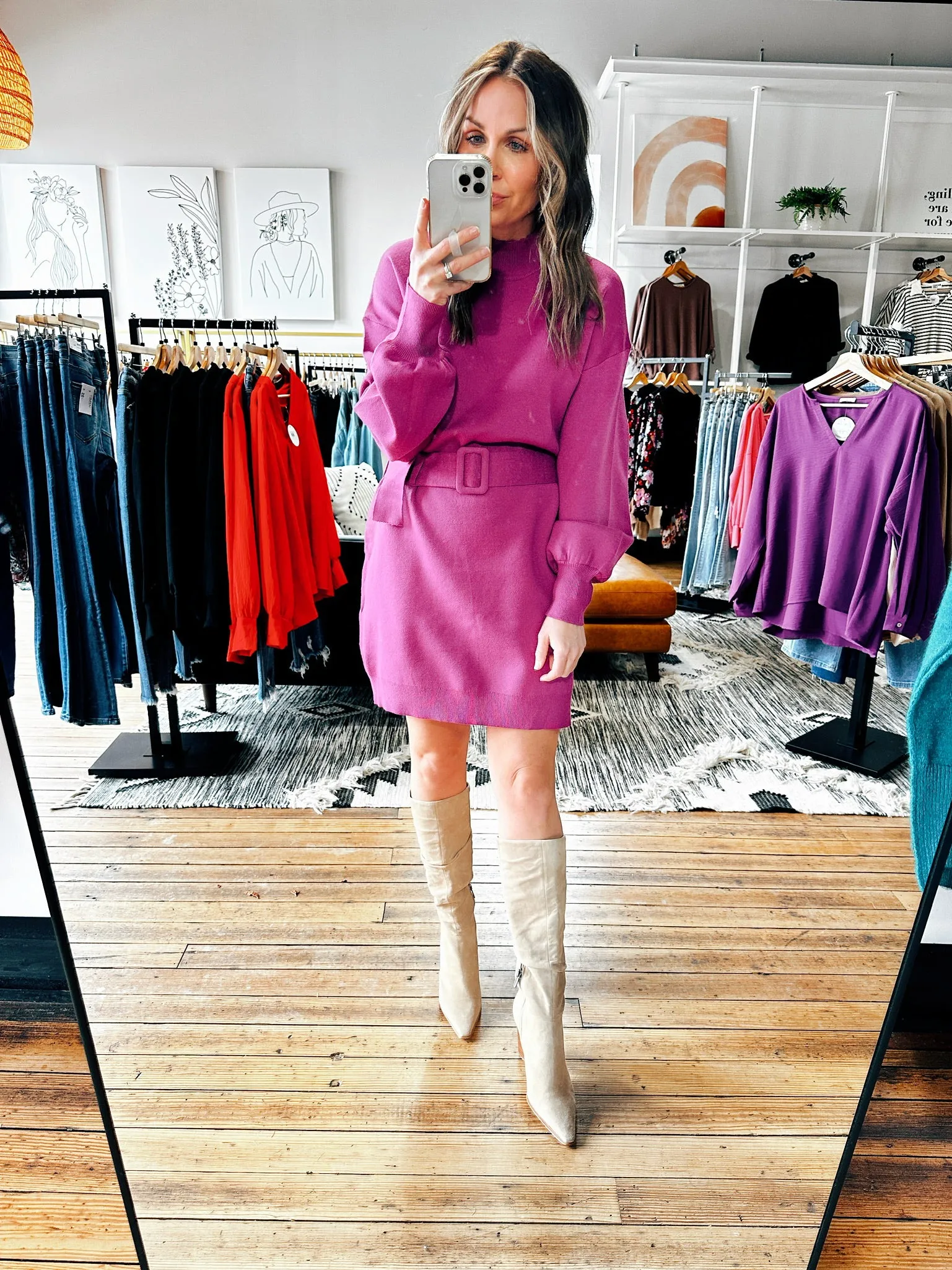 Purple Belted Sweater Dress