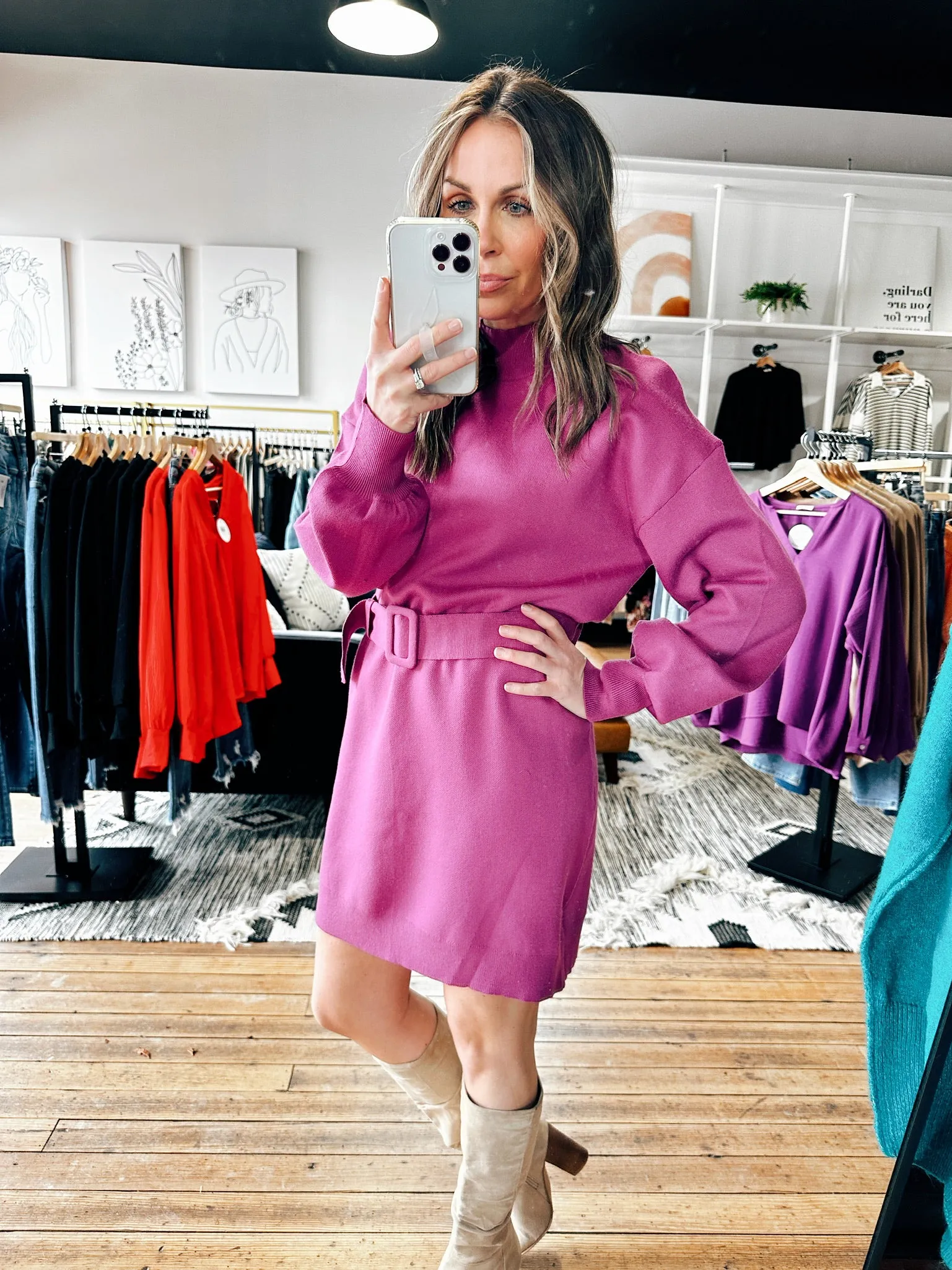 Purple Belted Sweater Dress