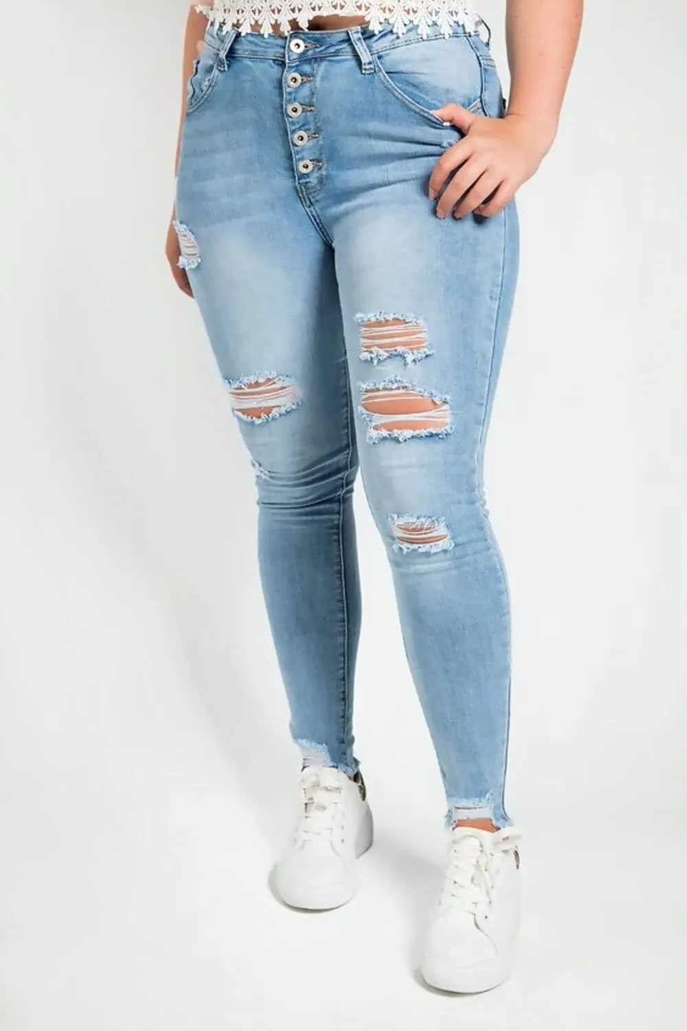 Blue High Waist Button Front Ripped Skinny Jeans