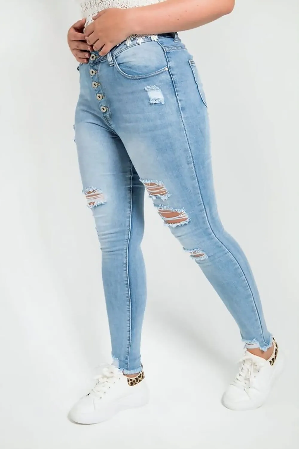 Blue High Waist Button Front Ripped Skinny Jeans