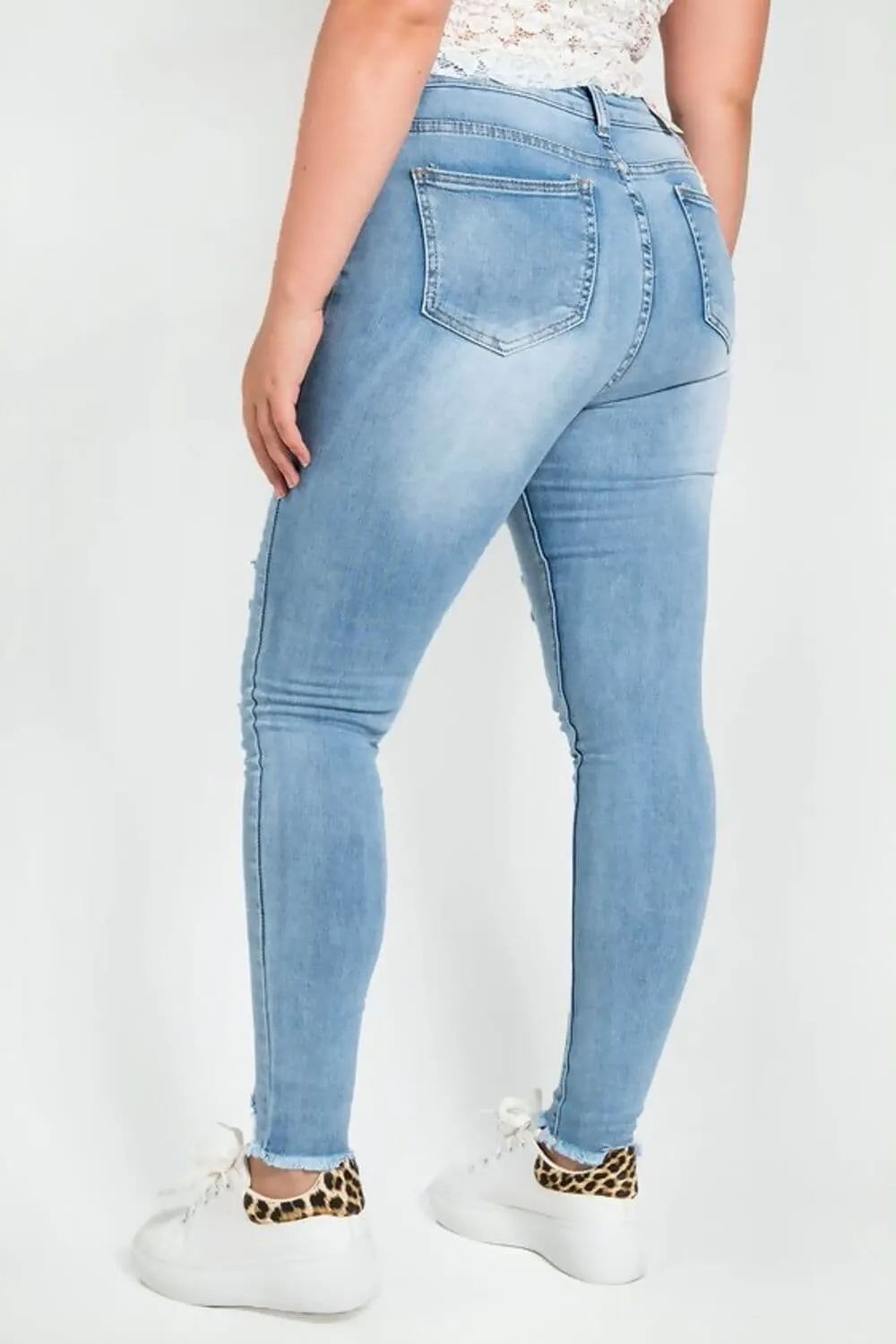 Blue High Waist Button Front Ripped Skinny Jeans