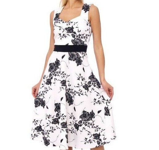 White Black Floral Print Fit Flare Swing Dress