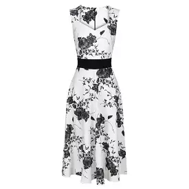 White Black Floral Print Fit Flare Swing Dress