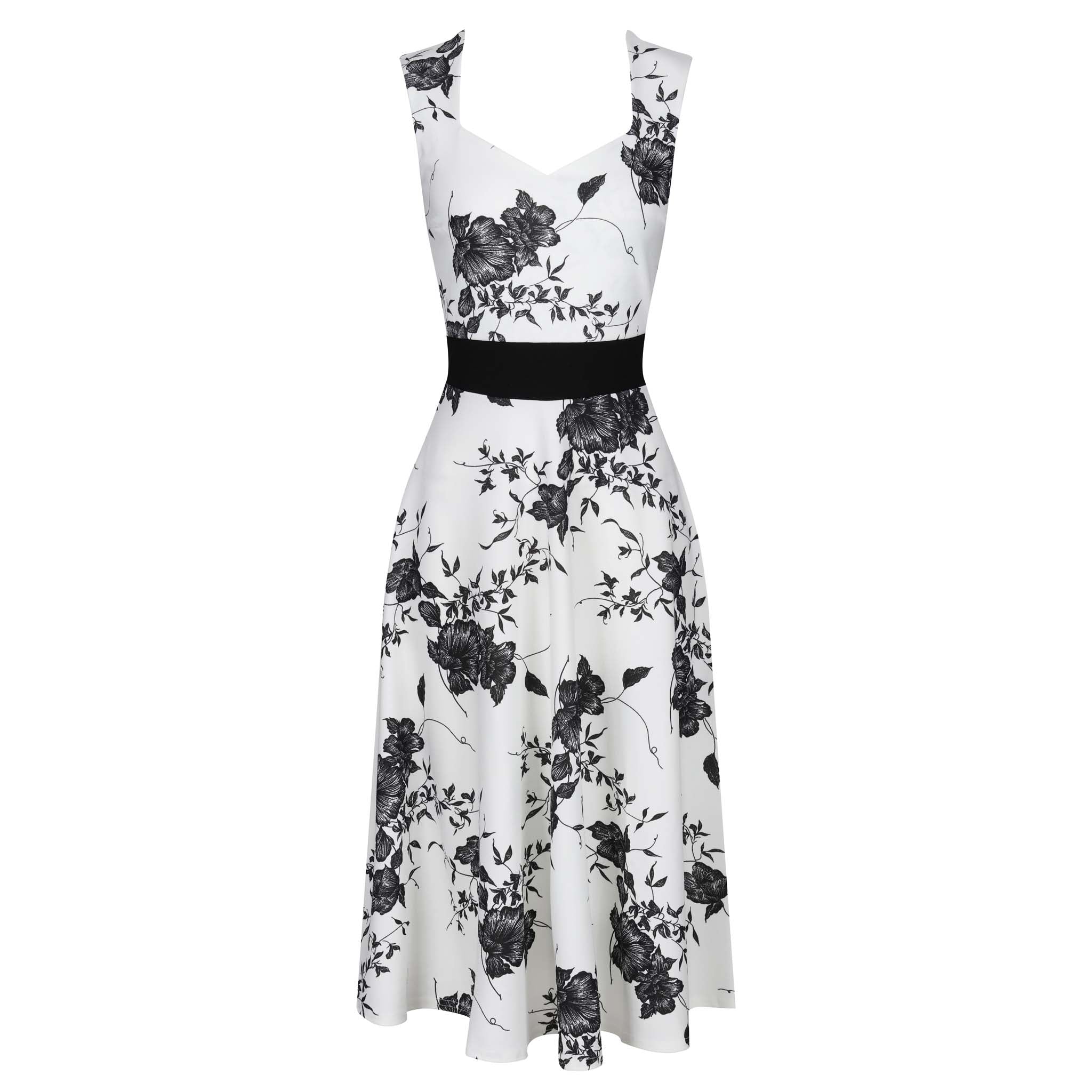 White Black Floral Print Fit Flare Swing Dress