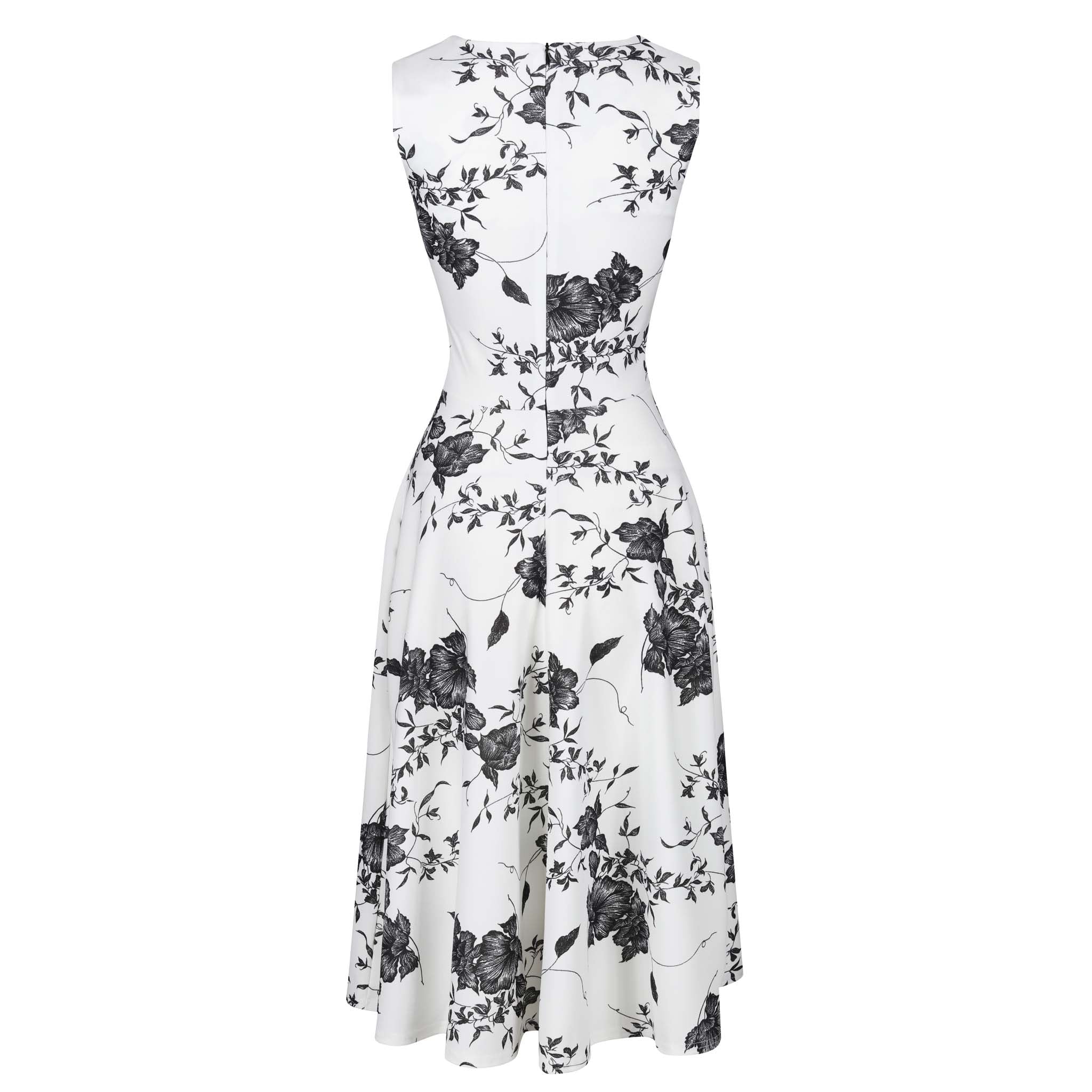 White Black Floral Print Fit Flare Swing Dress