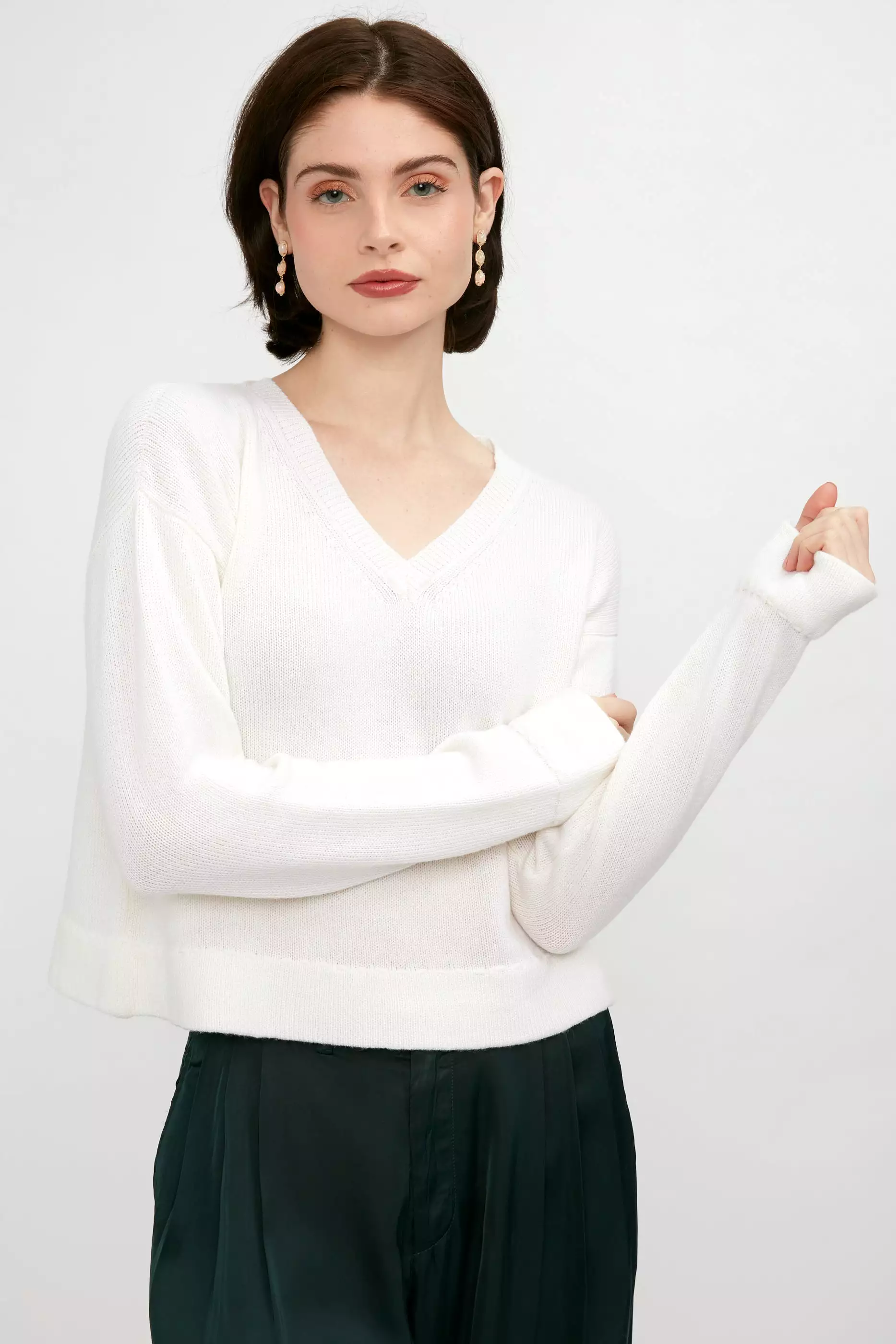 White Cashmere V-Neck Hand-Stitched Sweater