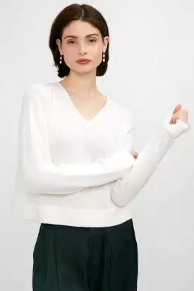 White Cashmere V-Neck Hand-Stitched Sweater