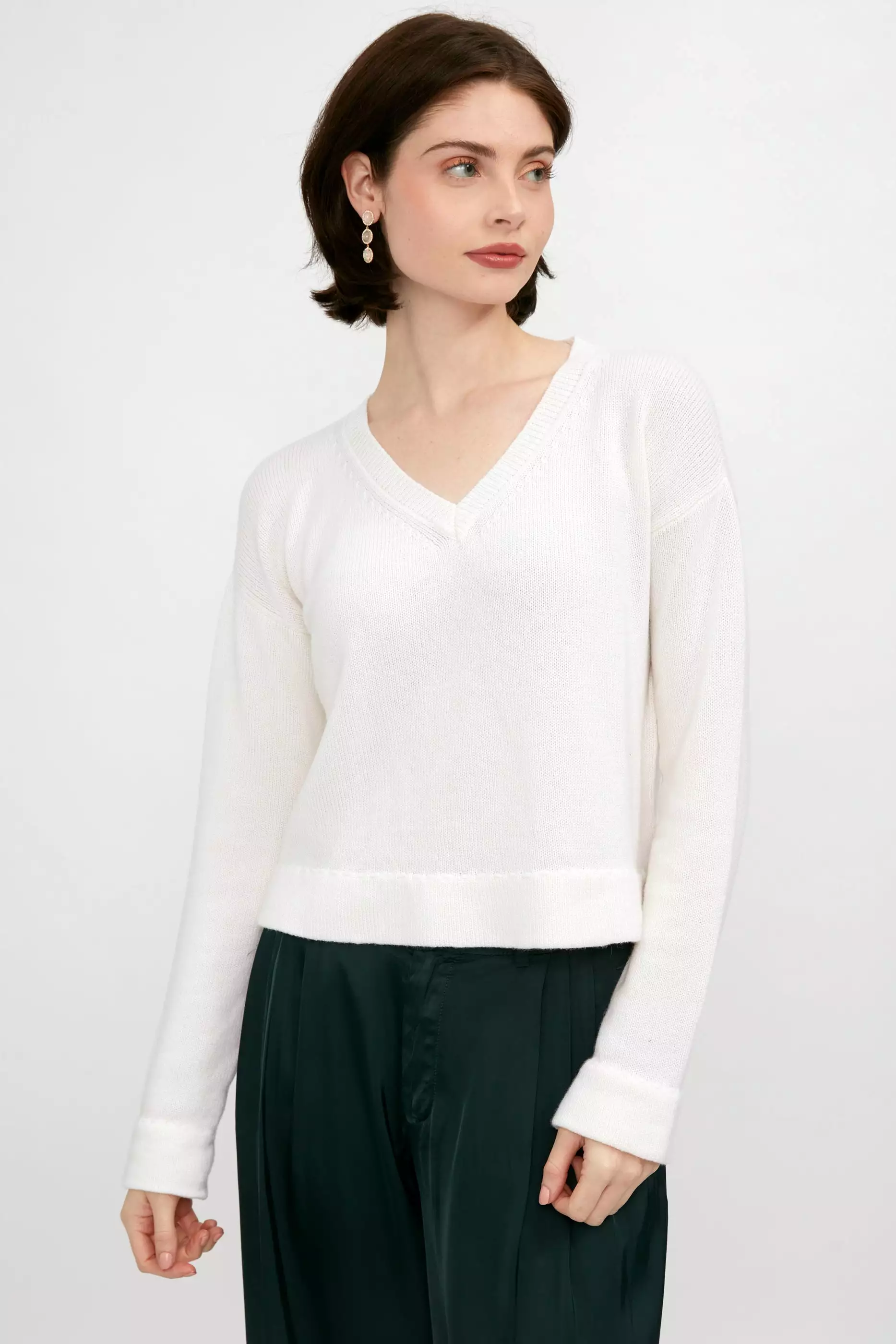 White Cashmere V-Neck Hand-Stitched Sweater