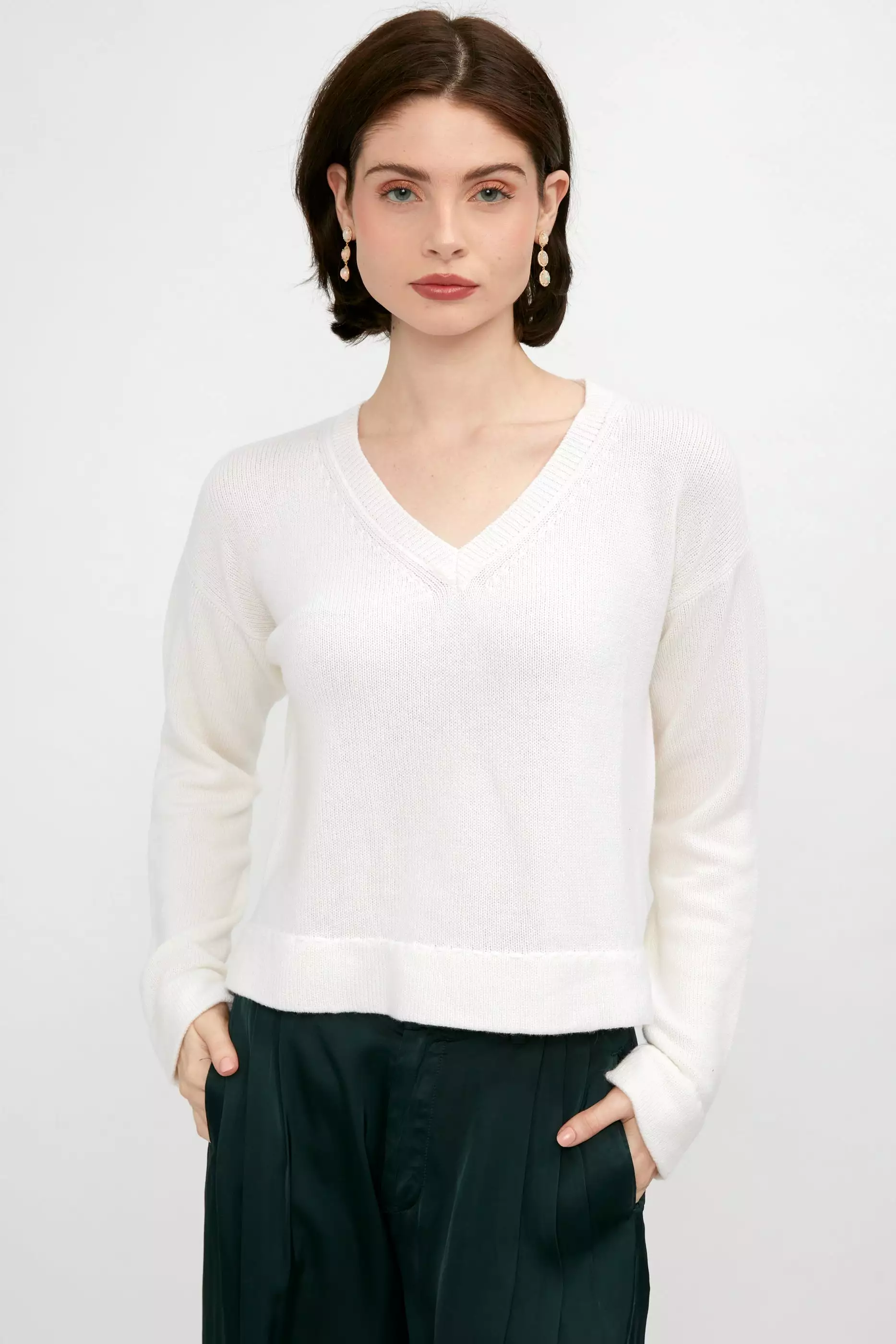 White Cashmere V-Neck Hand-Stitched Sweater