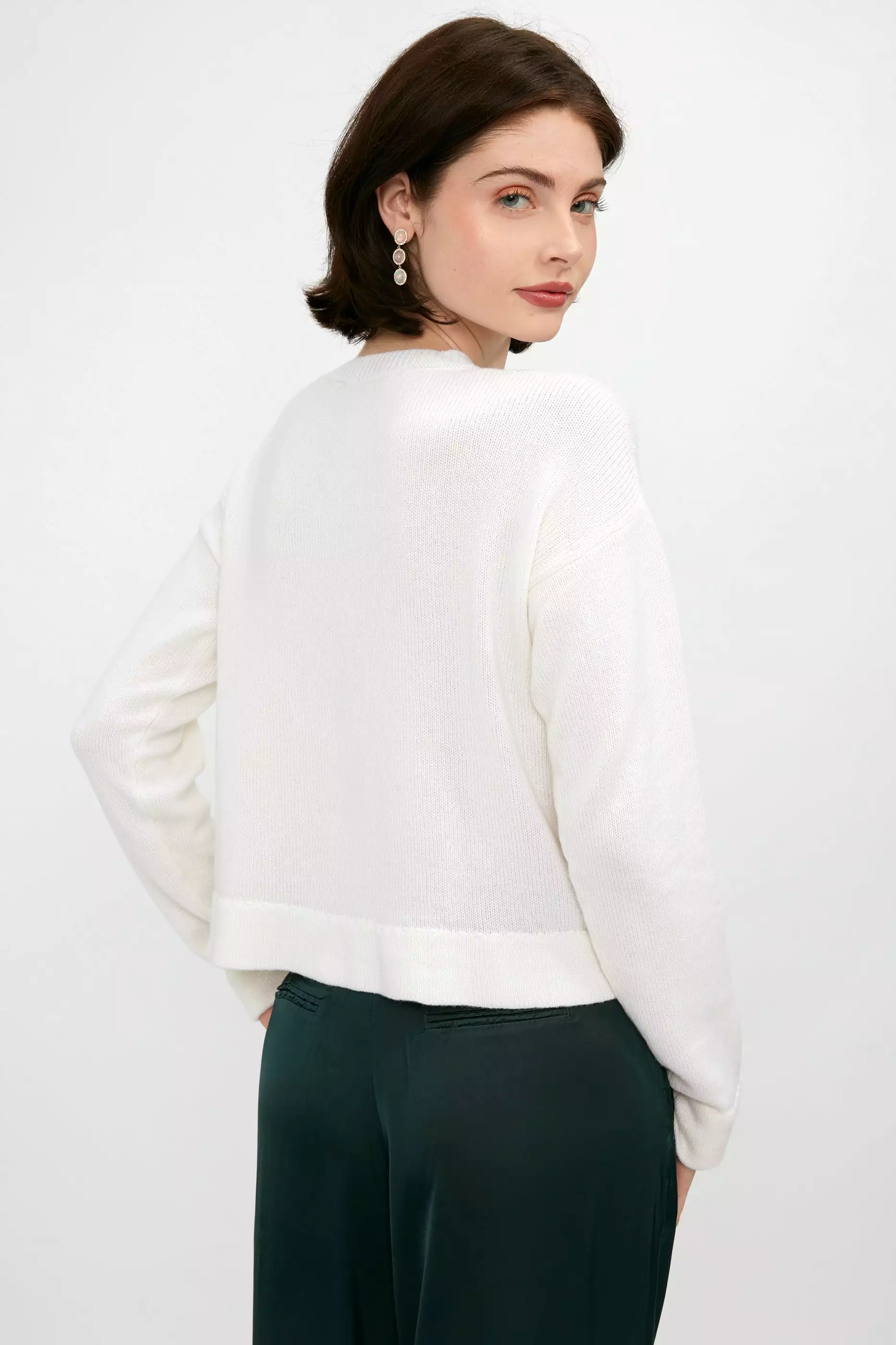 White Cashmere V-Neck Hand-Stitched Sweater