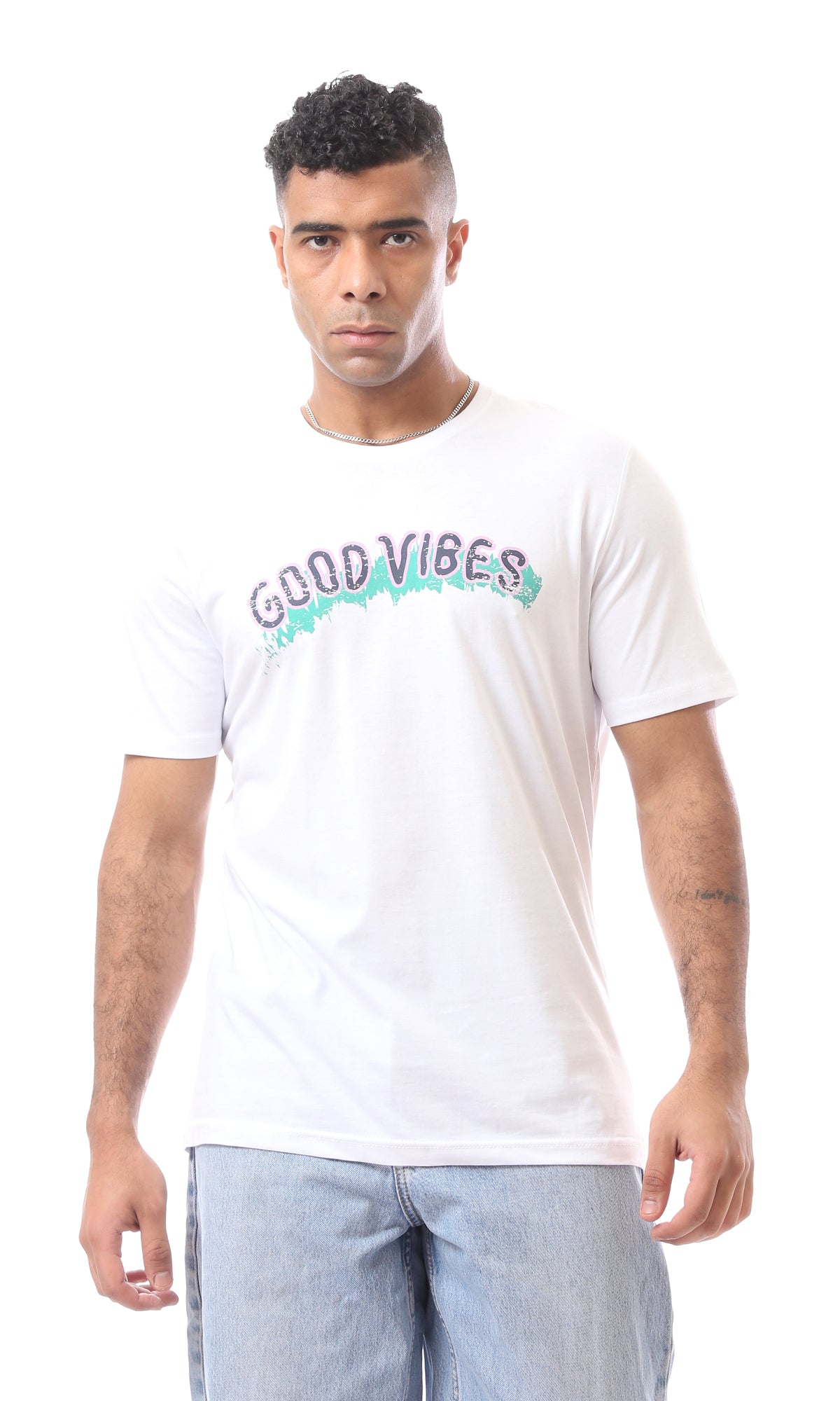 White Cotton Tee With Good Vibes Print