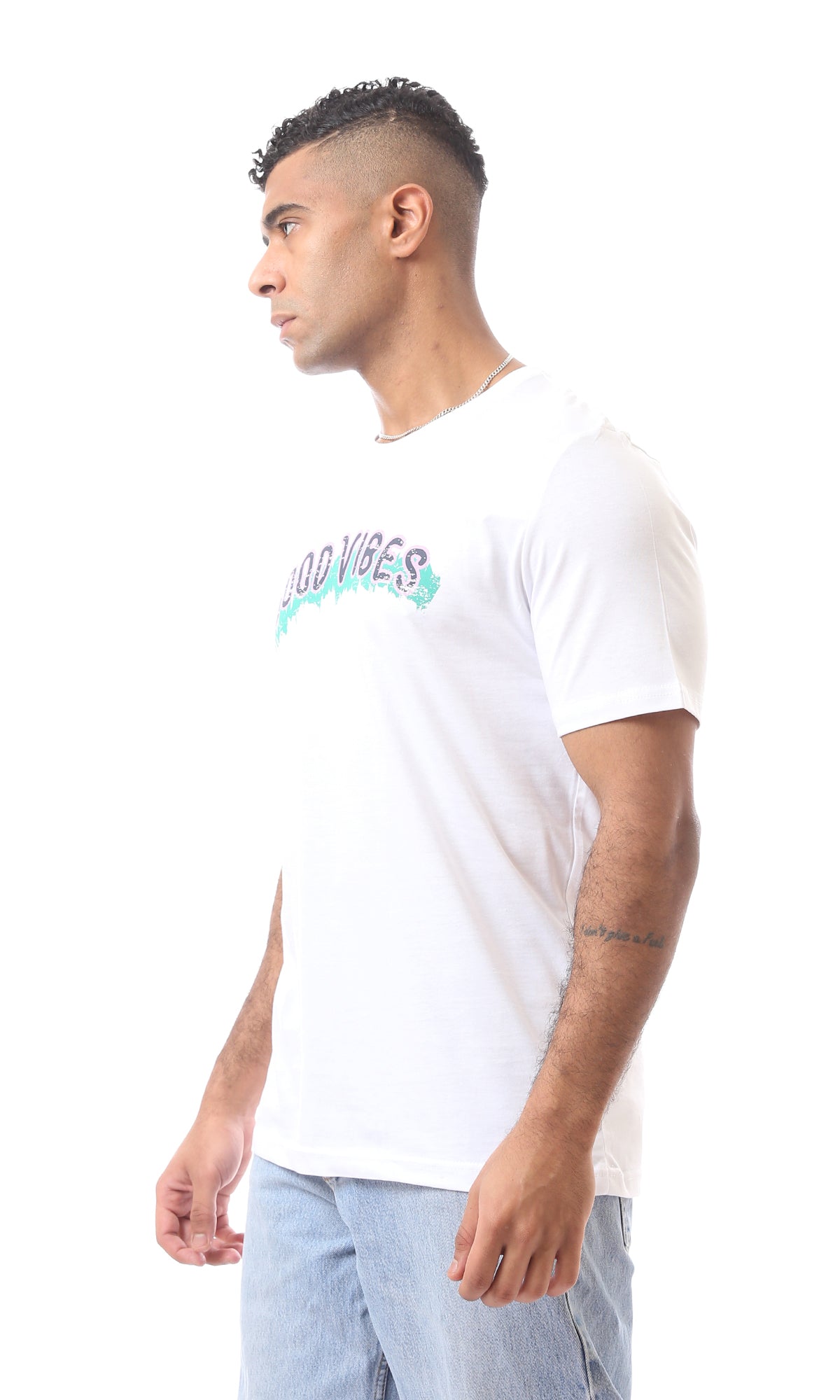 White Cotton Tee With Good Vibes Print