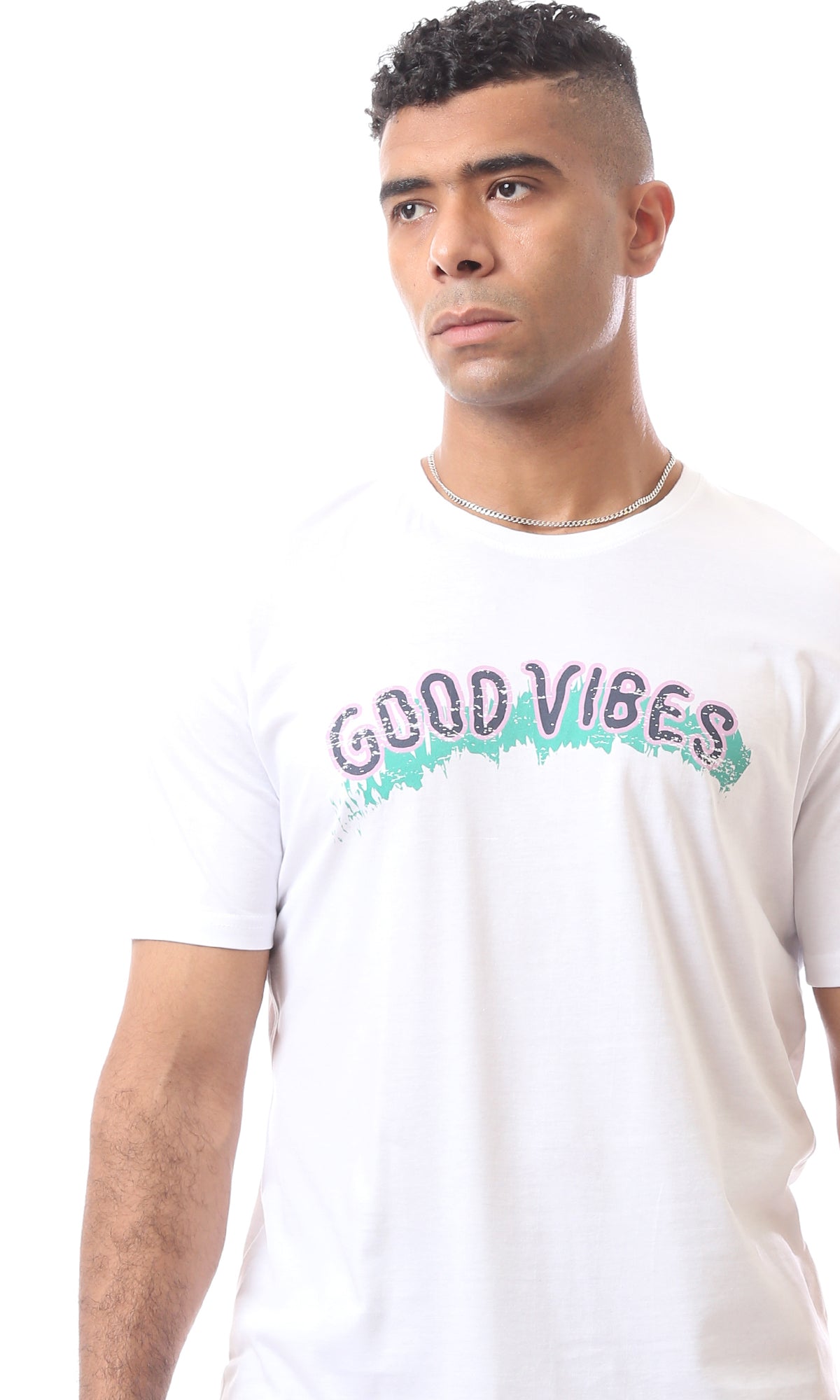 White Cotton Tee With Good Vibes Print