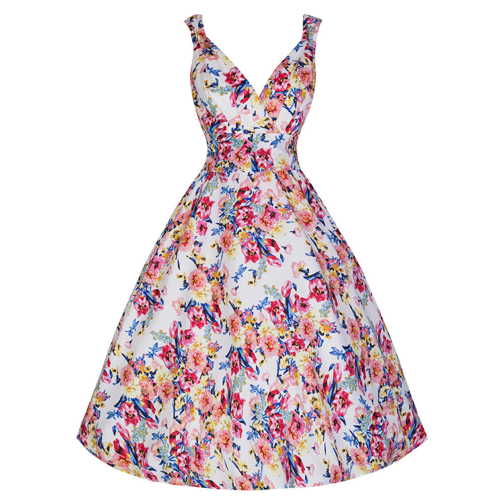 White Floral 1950s Swing Dress