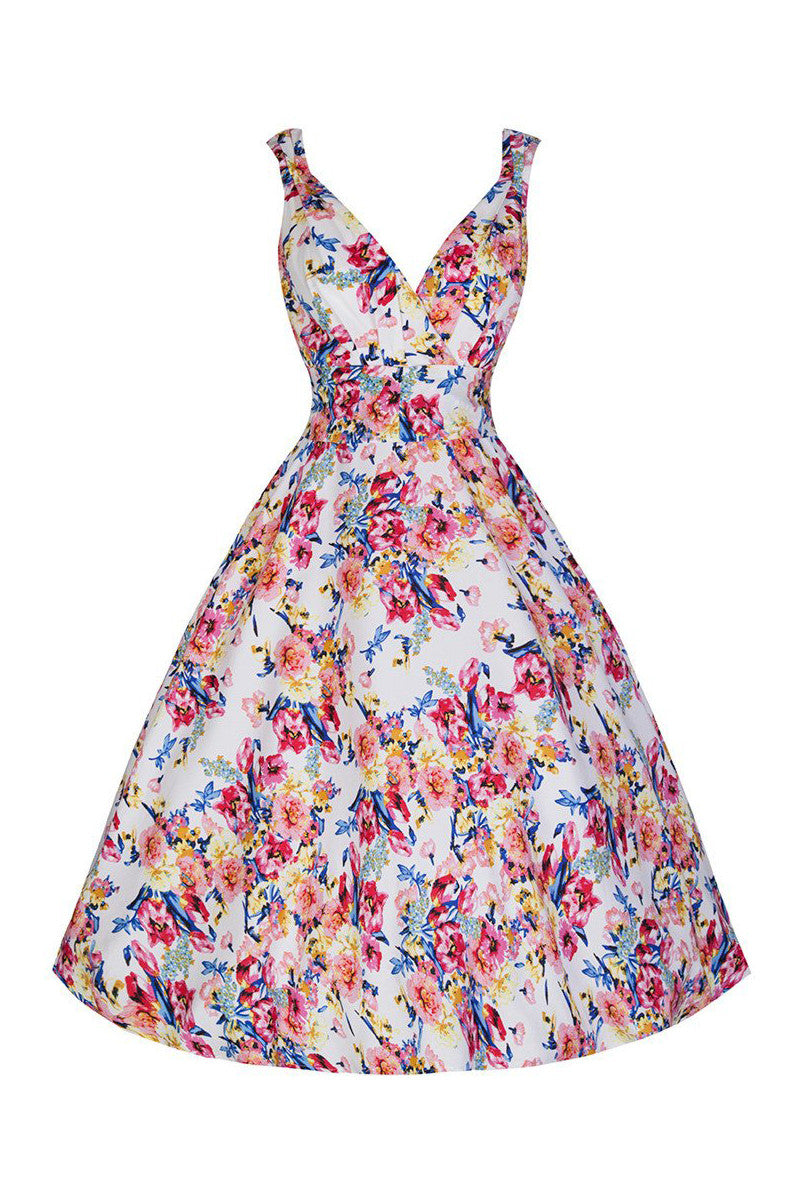 White Floral 1950s Swing Dress