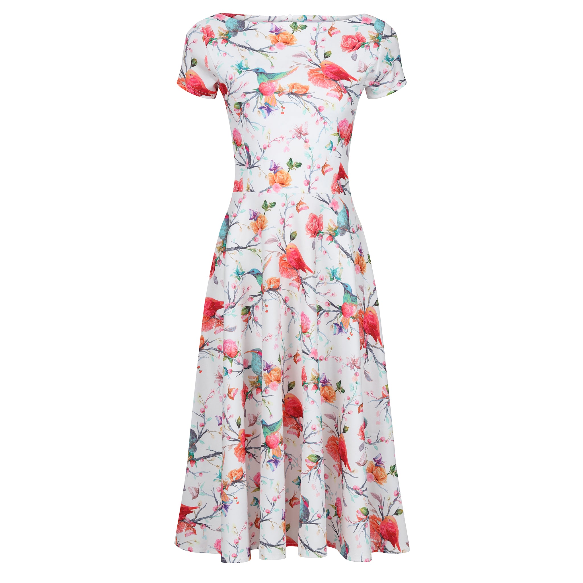 White Floral Bird Butterfly Print Cap Sleeve 50s Audrey Swing Dress - Shop Now